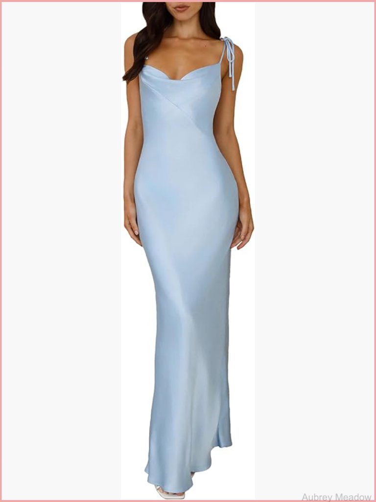 Satin Cowl Neck Spaghetti Strap Maxi Dress With Slit For Women